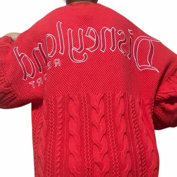 Disneyland Resort Large Spirit Red Cable Knit Jersey Crewneck Pullover Sweater - Picture 3 of 16